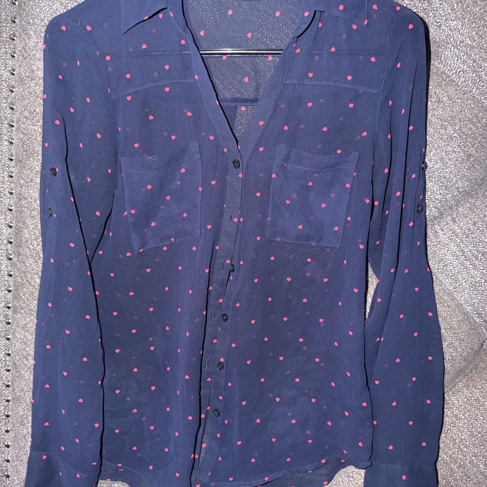 Express Navy Button-Down Shirt with Pink Polka Dots